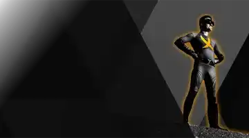 Изображение персонажа-супергероя в эффектной позе на темном фоне, рекламирующего бонус за пополнение от Мелбет с драматичной и уверенной позой.